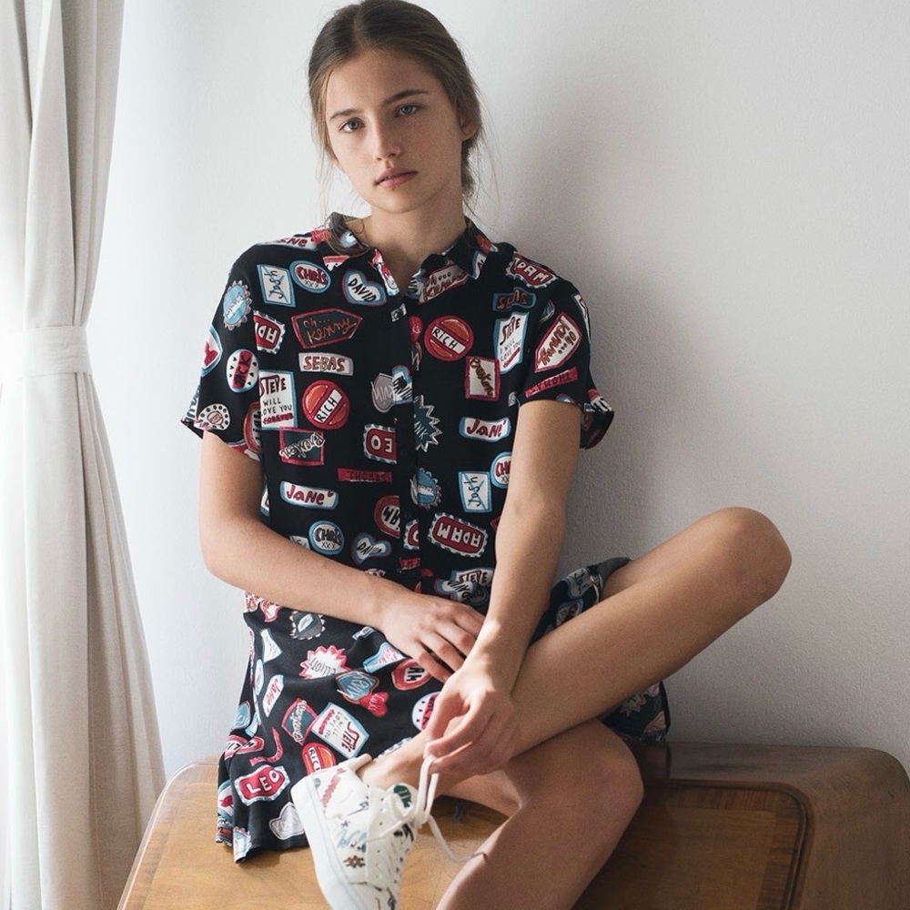 ZARA Printed Mini Shirt Dress — Graphic Patch Print | Size Small